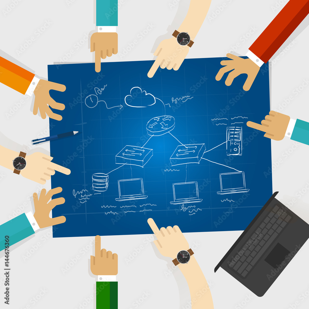 Poster lan local area network design architecture computer cable connection client server icon router