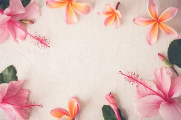 Fotobehang Pink and orange summer flowers on linen copy space background © SewcreamStudio