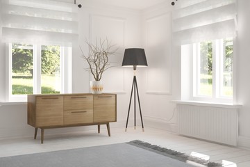 White room with shelf and green landscape in window. Scandinavian interior design. 3D illustration