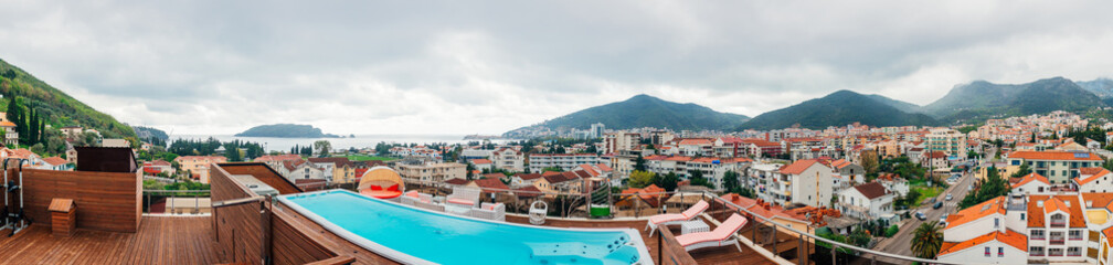Swimming pool on the roof of a house in Budva, Montenegro.