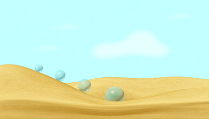 Fototapeta na wymiar 3D illustration. Desert landscape with transparent balls.