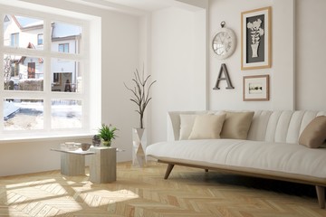 White room with sofa and winter landscape in window. Scandinavian interior design. 3D illustration