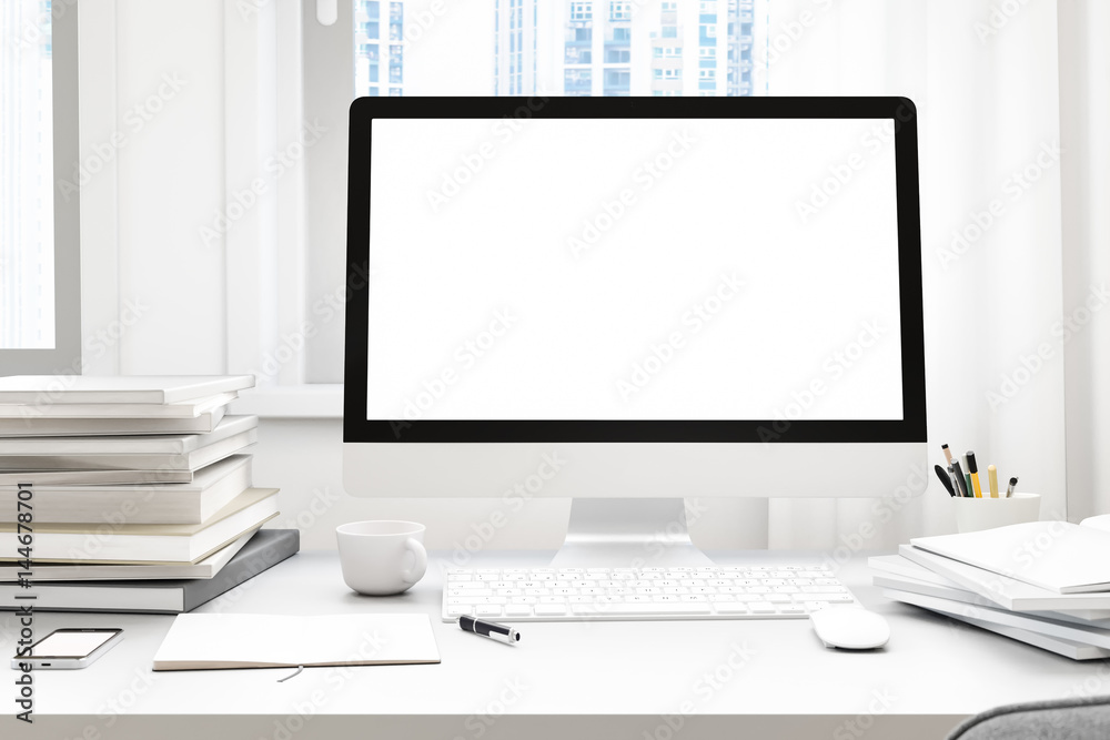 Poster Front view of workpark with blank white computer screen, coffee cup, and book in home work. Mock up , 3D render