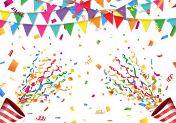 Colorful flag, confetti and party popper on white background Vector