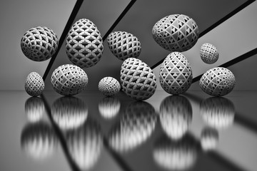 Illustration of a set of Easter eggs with geometric patterns over the reflective surface  in black and white colors. Digitally generated image.