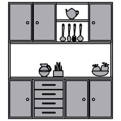 grayscale silhouette of kitchen cabinets with utensils vector illustration