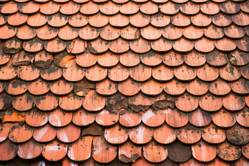 Roof covered with red old rounded wooden roof tiles.