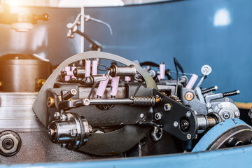 The mechanism of a braiding machine close-up.