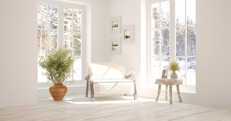 White room with armchair and winter landscape in window. Scandinavian interior design. 3D illustration
