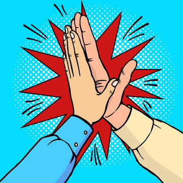 Hands High Five Pop Art Vector Illustration