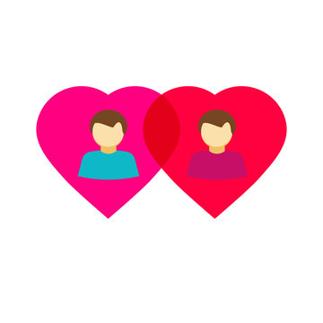 Couple gay in love hearts, flat style homosexual relations symbol concept