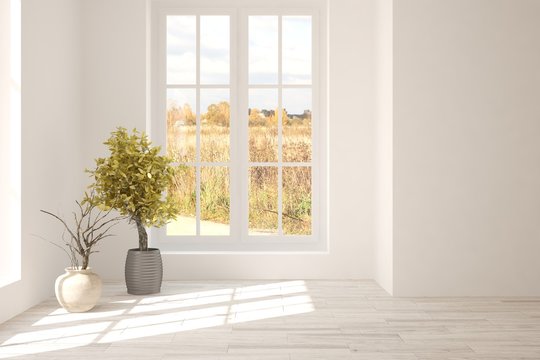 White empty room with autumn landscape in window. Scandinavian interior design. 3D illustration
