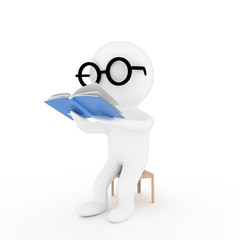 small nerd people reading book on isolated white background in 3D rendering