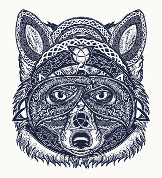 Fox tattoo art. Wolf viking in the celtic style, tattoo art. Wolf t-shirt design art animals