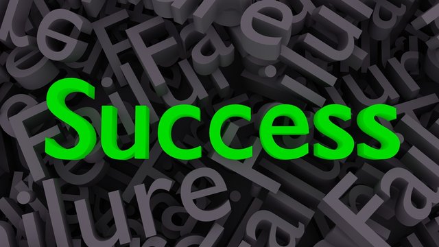 Green word "Success" on the background of scattered gray words "Failure".