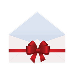 Empty envelope opened decorated with red ribbon bow. Illustration isolated on white background. Vector image.