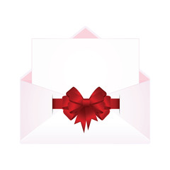 Letter in an envelope decorated with red ribbon bow. Illustration isolated on white background.