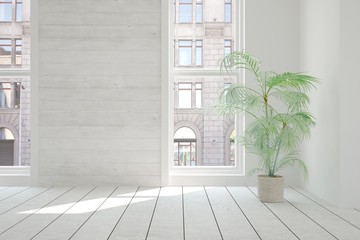 White empty room with urban  landscape in window. Scandinavian interior design. 3D illustration