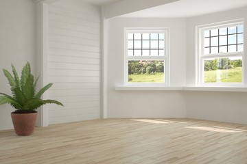 White empty room with green landscape in window. Scandinavian interior design. 3D illustration