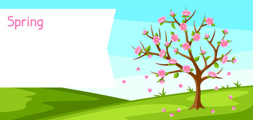 Spring landscape with tree and sakura flowers. Seasonal illustration