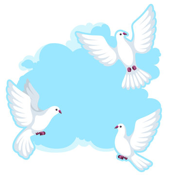 Background with white doves. Beautiful pigeons faith and love symbol