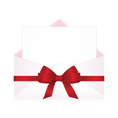 Envelope with Clean Letter and Red Bow Ribbon. Vector  illustration isolated on white background.
