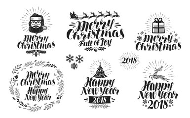 Merry Christmas or Happy New Year, label set. Xmas icon or logo. Typographic design, lettering, calligraphy vector illustration