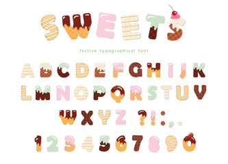 Sweets bakery font design. Funny latin alphabet letters and numbers made of ice cream, chocolate, cookies, candies. For kids birthday anniversary or baby shower decoration.