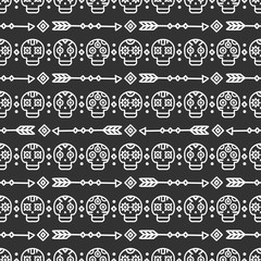 Day of the Dead. Tribal hand drawn line mexican ethnic seamless pattern. Border. Wrapping paper. Print. Doodles. Tiling. Handmade native vector illustration. Aztec background. Texture. Style skull.