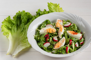 Close-up side view a colorful plate of green salad with lettuce, tomatoes, cucumber, onion, radishes and olives on white wooden board. Healthy food and eating concept. Fresh green salad background.