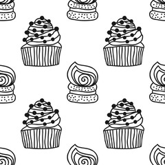 Black and white seamless pattern with cakes for coloring books.