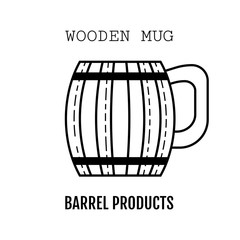 Wooden mug for beer, drinks. Black and white, flat linear icon isolated