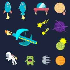 Naklejka premium Vector cosmic set: spaceship, planets, alien and astronaut. For games. Flat design
