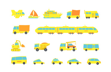 Set Yellow child transport. Variety machines cargo and passengers. Original vector illustration. Cartoon style.