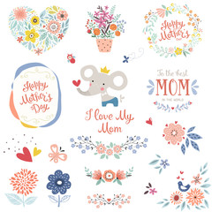 Mother's Day collection with typographic design elements. Cute elephant, flowers, branches, wreath, floral heart, butterflies, plant pot and bird. Vector illustration.