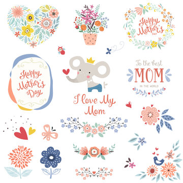Mother's Day collection with typographic design elements. Cute elephant, flowers, branches, wreath, floral heart, butterflies, plant pot and bird. Vector illustration.