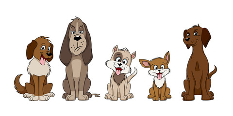 Illustration of five funny cartoon dogs