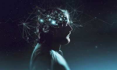 Profile of bearded man with symbol neurons in brain. Thinking like stars, the cosmos inside human,...