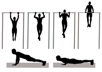 Silhouette of man making physical exercise on horizontal bar