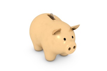 3d illustration: Golden piggy bank with metal (nickel) coin on a white isolated background