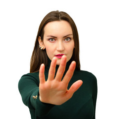 Fototapeta premium Girl holding hand like sign No. Negation, discrimination, violence concept.