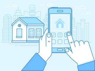 Smart house concept - hand holding mobile for remote control