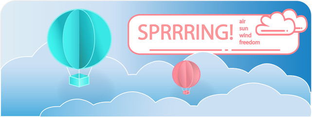 Fototapeta premium Paper art of balloons, paper art idea, vector art and illustration. Balloons with clouds and banner for your text. Concept of freedom and sommer day, origami made hot air balloon flying on blue sky.