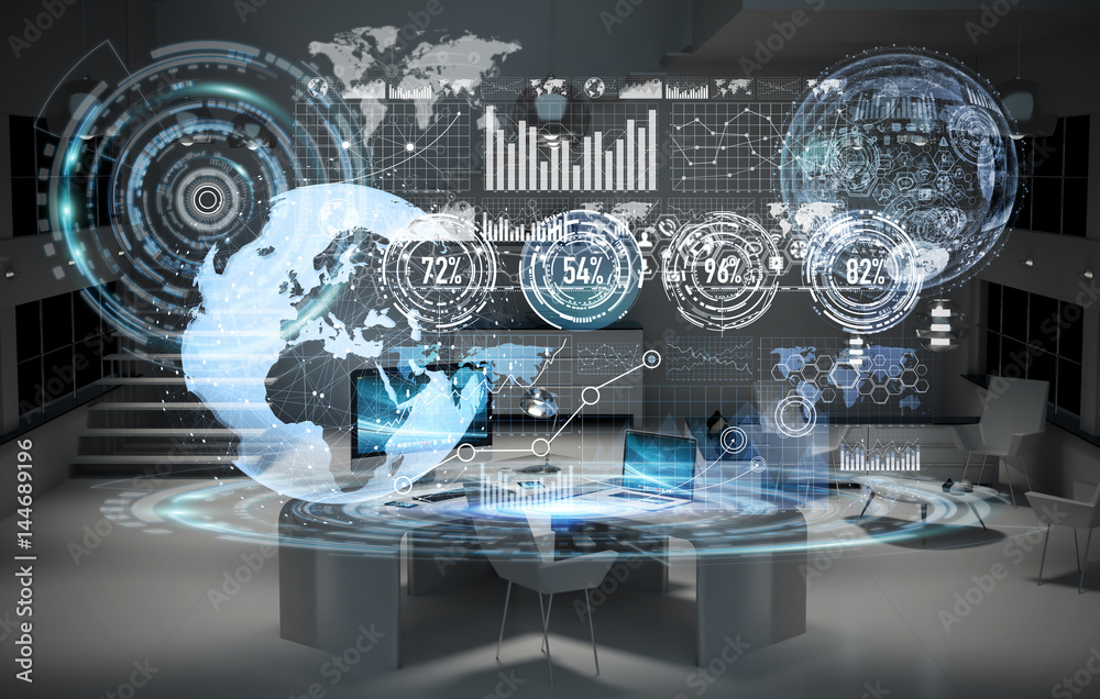 Poster Workplace with modern devices and hologram screens 3D rendering