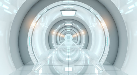 Bright futuristic spaceship corridor 3D rendering