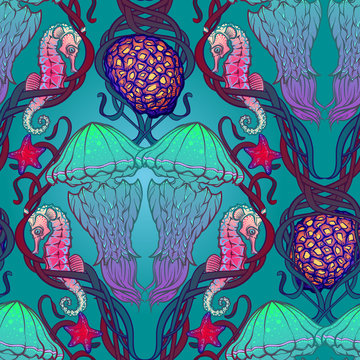 Seamless pattern with jellyfish, seaweed and other coral reef sea creatures in Art Nouveau style. Intricate composition, bright colours. Textile print. EPS10 vector illustration.