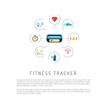 Vector banner with a means of tracking activity, a fitness bracelet. The concept of fitness gadget with icons its functionality.