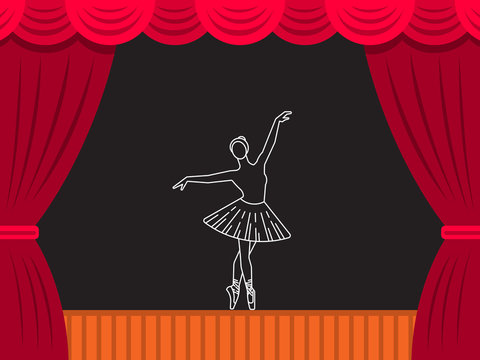 Vector theater scene which depicts the figure of a girl ballerina in a tutu in a dance position. Ballet vector illustration in flat style