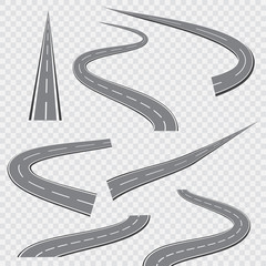 Winding curved road or highway with markings. Vector illustration.
