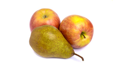 A large yellow (brown) pear  and two ripe ruddy red-yellow apple isolated on white background.